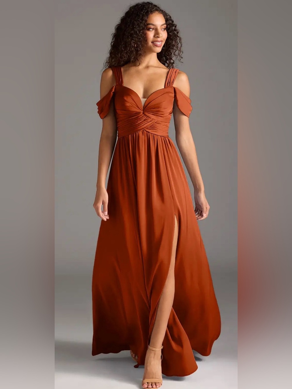 Rust Off-Shoulder Maxi Dress with Front Slit
